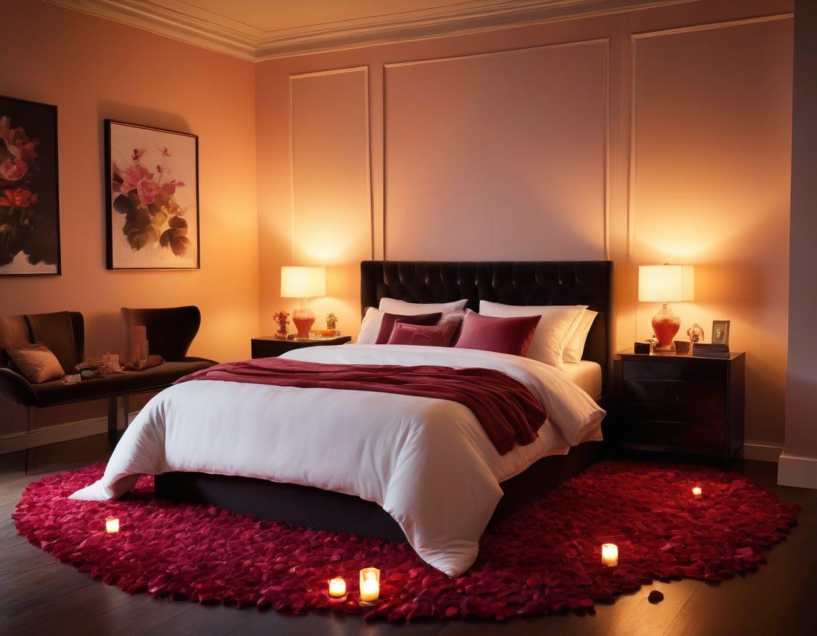 A luxurious, intimate setting with a softly lit bedroom featuring plush pillows and rich fabrics, beautifully arranged with candles and rose petals. In the foreground, a subtle silhouette of a couple embracing, exuding warmth and connection. Elements like tasteful adult toys subtly integrated into the decor, symbolizing exploration and pleasure. Overall, the atmosphere conveys sensuality and romance, inviting the viewer to discover deeper connections. super-realistic. vibrant colors. warm lighting.