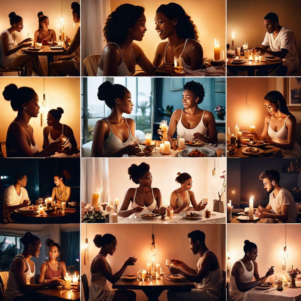 A visually striking collage featuring a diverse group of people engaged in various activities related to sexual wellness: reading erotic fiction, couple's therapy, a warm intimate dinner setting, and a self-care scene with candles and soft lighting. Each section radiates warmth and inclusion, symbolizing openness and understanding in relationships. The background should blend soft pastel colors to evoke comfort and tranquility. modern illustration. vibrant colors. soft focus.